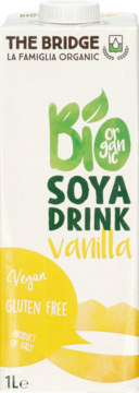 Biały karton THE BRIDGE BIO SOYA DRINK Vanilla 1L, organiczny, wegański, bezglutenowy, widok z przodu.