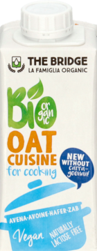 Biały karton The Bridge Bio Oat Cuisine for cooking, z zielonym Bio organic i pomarańczowym napisem, widok z przodu.