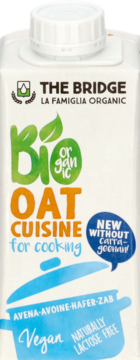 Biały karton The Bridge Bio Oat Cuisine for cooking, z zielonym Bio organic i pomarańczowym napisem, widok z przodu.