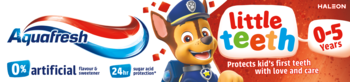 Aquafresh Little Teeth pasta do zębów z Chase z Psiego Patrolu dla dzieci 0-5 lat, front, 0% sztucznych.