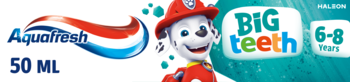 Aquafresh Big Teeth 50 ml pasta do zębów dla dzieci 6-8 lat, z Psim Patrolem Marshall, z przodu.