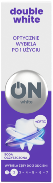 Biało-fioletowa tuba pasty Double White ON white, wybielającej zęby do 2 odcieni, z grafiką zęba i napisem +OPTIC.