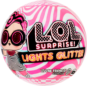 Różowo-biała kula LOL Surprise! Lights Glitter z lalką w okularach i napisem, widok z przodu.