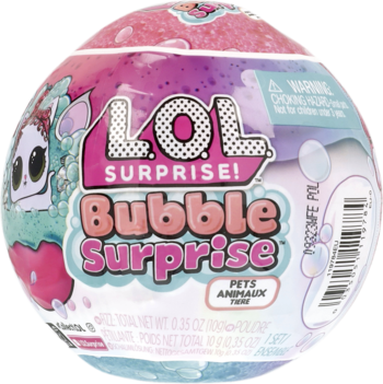 LOL Surprise Bubble Surprise Pets, kuliste opakowanie w odcieniach różu i fioletu, z logo i wizerunkiem zwierzątka.