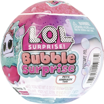 LOL Surprise Bubble Surprise Pets, kuliste opakowanie w odcieniach różu i fioletu, z logo i wizerunkiem zwierzątka.