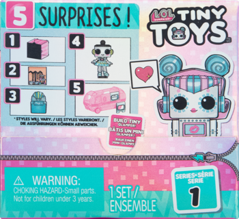 Front view of LOL TINY TOYS Series 1 surprise pack, pink/white, with 5 mystery collectible items and warning.