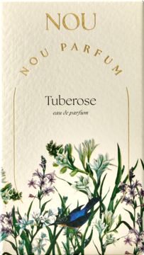 Kremowe opakowanie Nou Tuberose eau de parfum damska, złote logo, barwna ilustracja białych i fioletowych kwiatów, ptak.