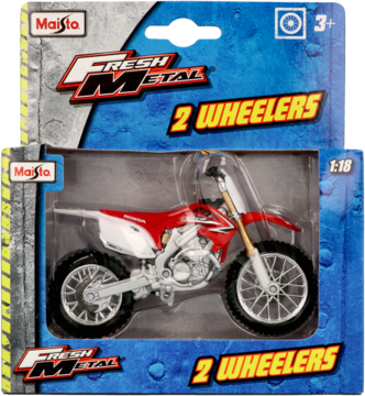 Maisto Fresh Metal 2 Wheelers, czerwono-biały model motocykla dirt bike w skali 1:18, w pudełku.