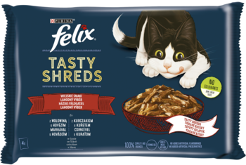 Granatowa saszetka Felix Tasty Shreds, karma dla kota z szarpanymi kąskami, widok z przodu.