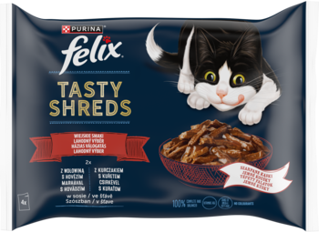 Granatowa saszetka FELIX Tasty Shreds dla kota, z wizerunkiem kota i karmy, smak wołowina i kurczak, widok z przodu.