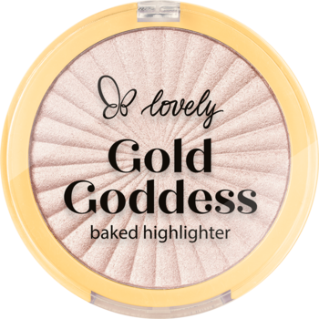 Lovely Gold Goddess wypiekany rozświetlacz w złotej puderniczce, jasny, lśniący odcień z wytłoczonym wzorem. Widok z góry.