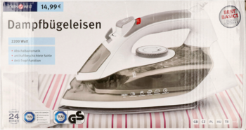 Biało-szare żelazko parowe Ideenwelt 2200W w pudełku, widok z przodu, cena 14,99€.