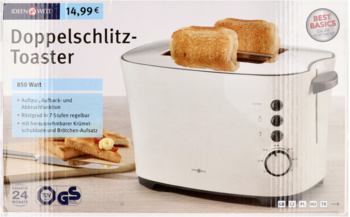 Biały toster Ideenwelt Doppelschlitz-Toaster 850W w pudełku, z dwoma tostami w otworach, widok z przodu.