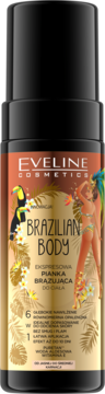 Eveline Brazilian Body pianka brązująca w czarnej butelce, pomarańczowa etykieta z tukanem i tancerką.