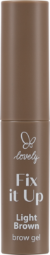 Lovely Fix it Up Light Brown brow gel w brązowej tubce, widok z przodu, z srebrnymi napisami.