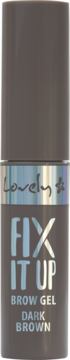 Lovely Fix It Up Brow Gel Dark Brown w ciemnobrązowej butelce ze srebrną etykietą, widok z przodu.