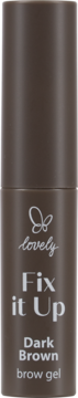 Ciemnobrązowy żel do brwi Lovely Fix it Up Dark Brown w tubce, z białymi napisami i logo motyla.
