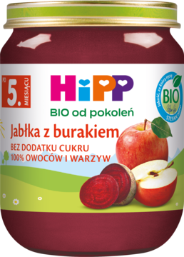 Słoiczek HiPP BIO mus Jabłka z burakiem dla niemowląt od 5. miesiąca, widok z przodu, ciemnoczerwony.