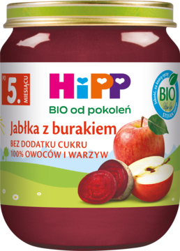 Słoiczek HiPP BIO mus Jabłka z burakiem dla niemowląt od 5. miesiąca, widok z przodu, ciemnoczerwony.