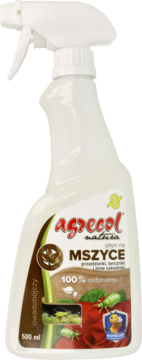 Biała butelka Agrecol Natura, 100% naturalny płyn na mszyce i szkodniki 500ml, widok z przodu.