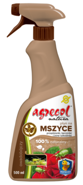 Brązowy spray Agrecol natura na MSZYCE 500ml, 100% naturalny płyn owadobójczy, z różą i mszycami na etykiecie.