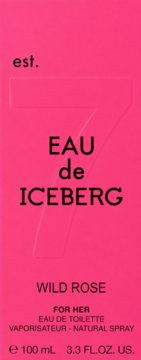 Iceberg Eau de Iceberg Wild Rose EDT dla kobiet, jaskrawo różowe pudełko, widok z przodu, wytłoczona cyfra 7 i 'est.'.