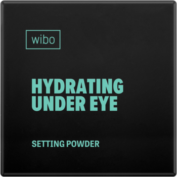 Czarne opakowanie Wibo Hydrating Under Eye Setting Powder, z białym logo i turkusowym tekstem, widok z przodu.