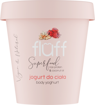 Różowy jogurt do ciała Fluff Superfood, tubka z grafiką malin i napisem 'body yoghurt', widok z przodu.