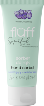Fluff Superfood sorbet do rąk z dzikimi jagodami, miętowa tuba, nawilżający, 95% naturalny, widok z przodu.