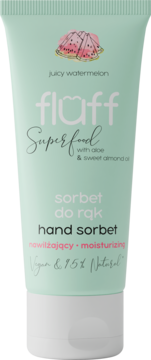 Fluff Superfood hand sorbet, juicy watermelon scented, in a light green tube with a white cap, full frontal view.