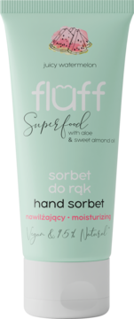 Miętowy Fluff Superfood Hand Sorbet Juicy Watermelon w tubce, widok z przodu, z napisem Vegan.