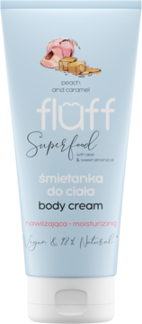 FLUFF Superfood ,śmietanka do ciała, nawilżająca, Brzoskwinia z karmelem,przód