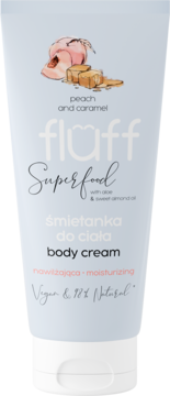 Nawilżający Fluff Superfood krem do ciała, brzoskwinia i karmel. Jasnoniebieska tubka, widok z przodu.