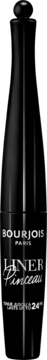 Czarny, błyszczący eyeliner Bourjois Pinceau 24h, widok z przodu. Butelka z napisem Bourjois Paris Liner Pinceau.