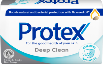 Mydło Protex Deep Clean z flaxseed oil, białe opakowanie z niebieskimi falami, usuwa zanieczyszczenia, przód.