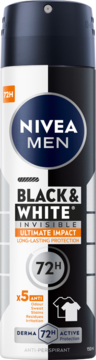 NIVEA MEN Black & White Invisible Ultimate Impact antyperspirant w czarno-białej puszce, 72H, widok z przodu.