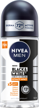 NIVEA MEN Black & White Ultimate Impact Antyperspirant roll-on 50ml, biała butelka z czarną górą, widok z przodu.