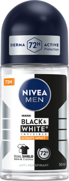 NIVEA MEN Black & White Ultimate Impact Antyperspirant roll-on 50ml, przód butelki, 72H, Invisible.