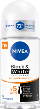 Nivea Black & White Invisible Ultimate Impact antyperspirant 72h, biała butelka roll-on, widok z przodu, ochrona x5.