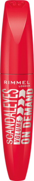 Mascara Rimmel Scandal'Eyes Volume On Demand w lśniącej czerwonej tubie, srebrne litery, ujęcie z przodu.