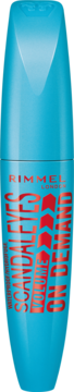 Niebieski tusz Rimmel Scandal'Eyes Volume On Demand, wodoodporny, z czerwonym logo i strzałkami, widok z przodu.