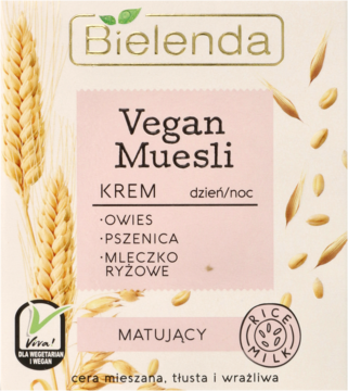 Bielenda Vegan Muesli matujący krem dzień/noc w beżowym pudełku ze zbożami, widok z przodu.