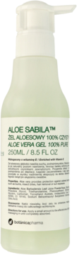 Przezroczysta butelka Aloe Sabila™ Aloe Vera Gel 100% Pure 250 ml z białą pompką, widok z przodu.