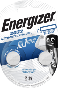 Energizer 2032 Ultimate Lithium baterie, dwupak w biało-niebieskim blistrze z funkcją Size Checker.