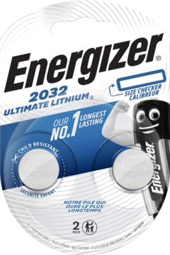 Energizer 2032 Ultimate Lithium baterie, dwupak w biało-niebieskim blistrze z funkcją Size Checker.