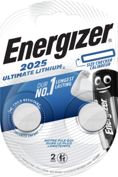 Energizer 2025 Ultimate Lithium, 2 sztuki w biało-niebieskim blistrze. Front opakowania z logo i napisem "LONGEST LASTING".