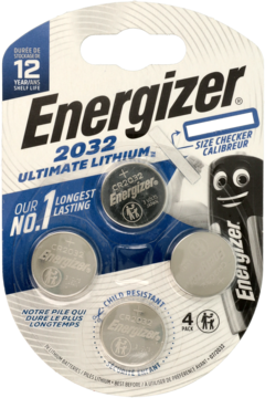 Baterie litowe Energizer CR2032 Ultimate Lithium, 4 sztuki w biało-niebieskim blistrze, widok z przodu z checkerem rozmiaru.