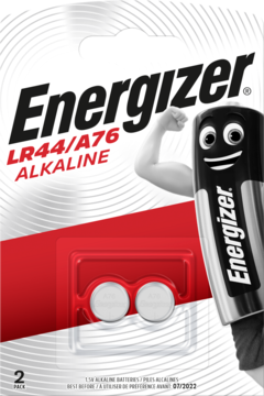 Front view of Energizer LR44/A76 Alkaline 2-pack batteries in a white and red blister pack with a cartoon battery.