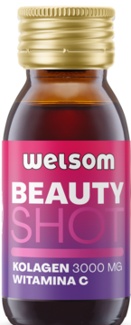 Welsom Beauty Shot, mała butelka z różowo-fioletową etykietą, widok z przodu, kolagen 3000 mg, witamina C.