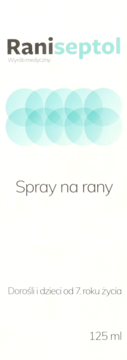 Raniseptol spray na rany 125 ml, białe opakowanie z jasnozielonymi elementami graficznymi, widok z przodu.